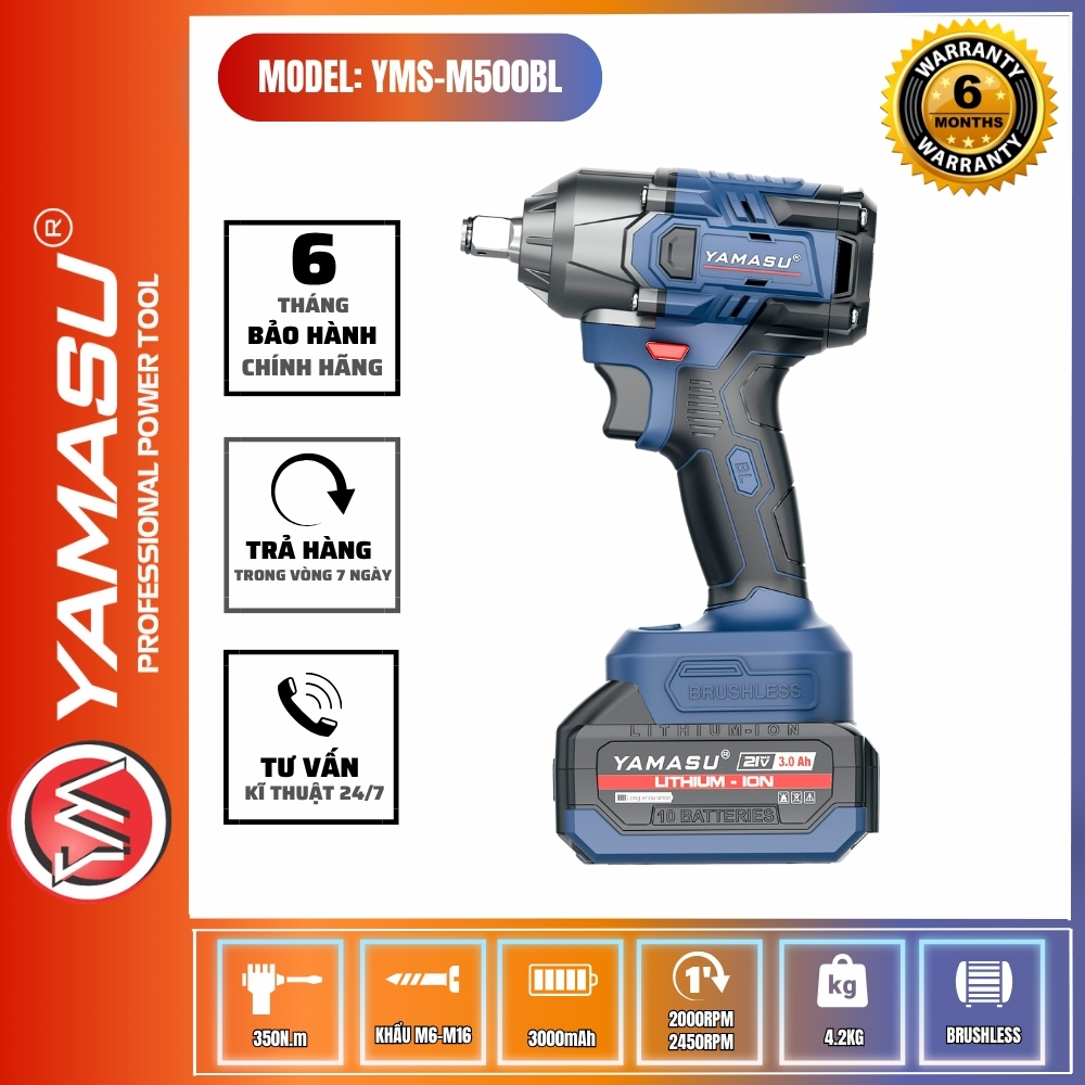Máy Siết Bulong Yamasu YMS-M500BL 21V Không Chổi Than, Pin Lithium-ion, Lực Siết Tối Đa 500Nm