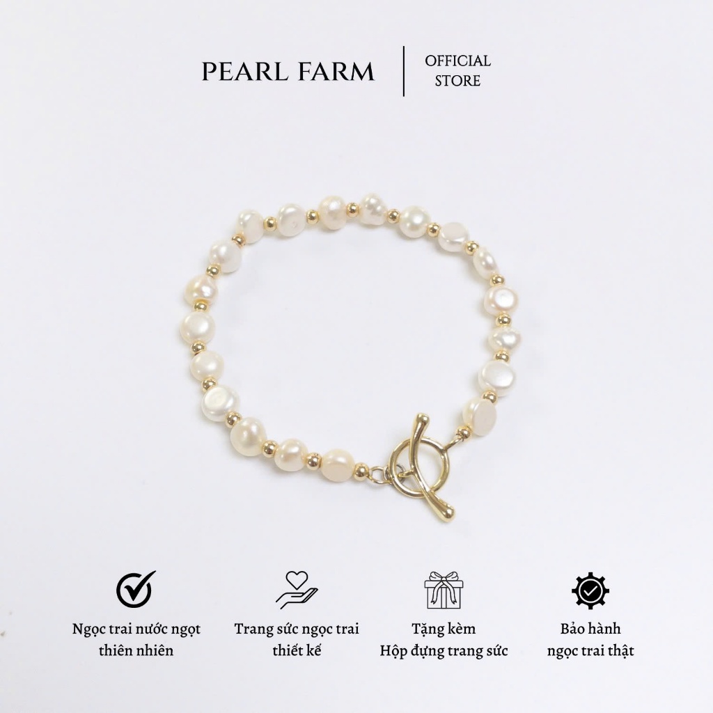 Vòng Tay Ngọc Trai Chốt OT Cong Ngọc Trai Dáng Dị Phối Bi Vàng Pearl Farm