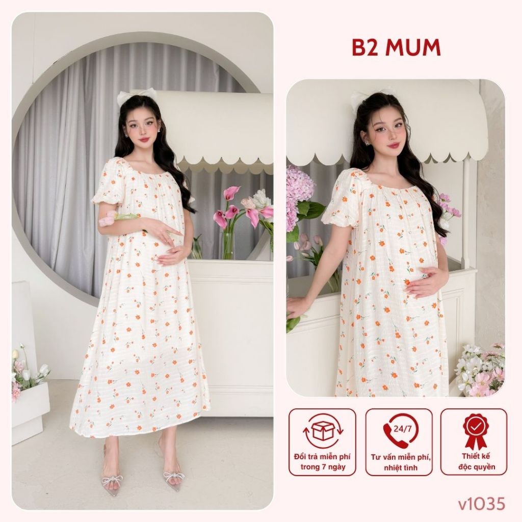 Váy bầu thiết kế Váy hoa kem V1035 B2MUM