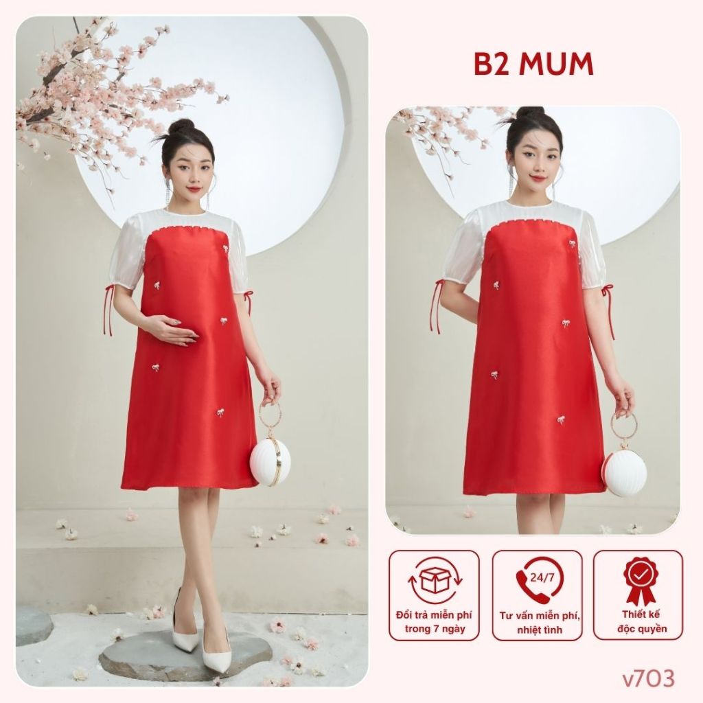 [SALE OFF] Váy bầu thiết kế Váy tapta đính nơ siêu xinh V703 B2 MUM