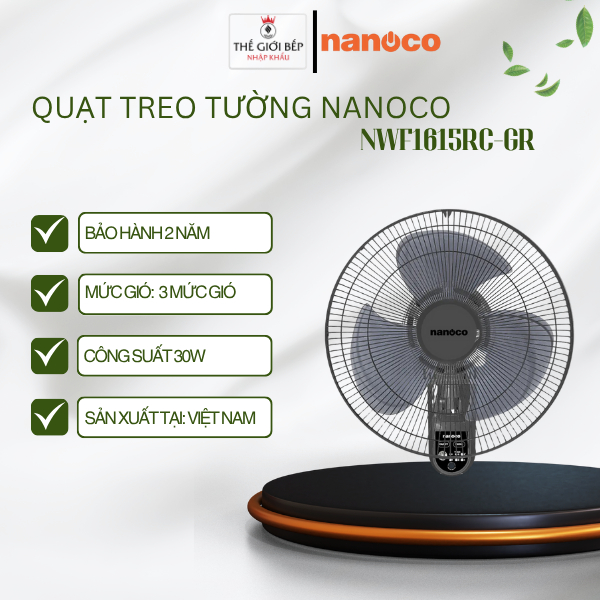 Quạt treo tường Nanoco NWF1615RC-GR,  47W, Cánh 40cm, Điều Khiển Remote, Gió Mạnh 77.3 m³/phút - BNK