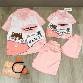 set bộ pijama lụa xước có size cho mẹ và bé áo cộc quần đùi