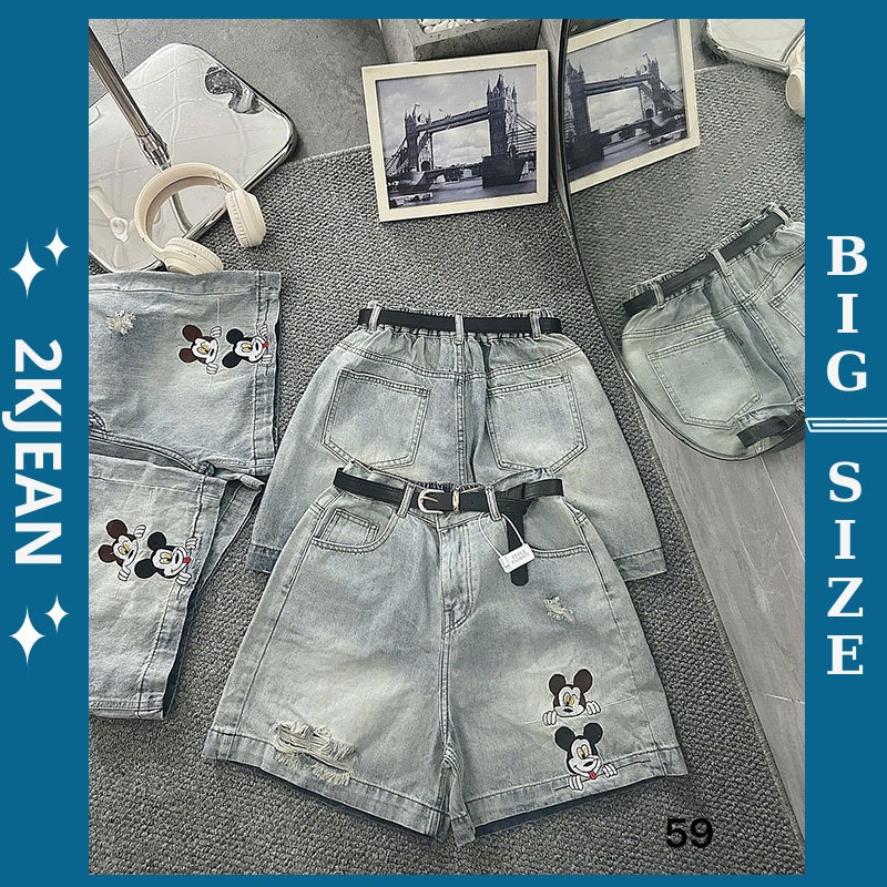  Quần short ngố jean nữ rách thêu chuột bigsize 55-85kg quần ngố lửng rách cạp lưng thun QC59 2KJeans 