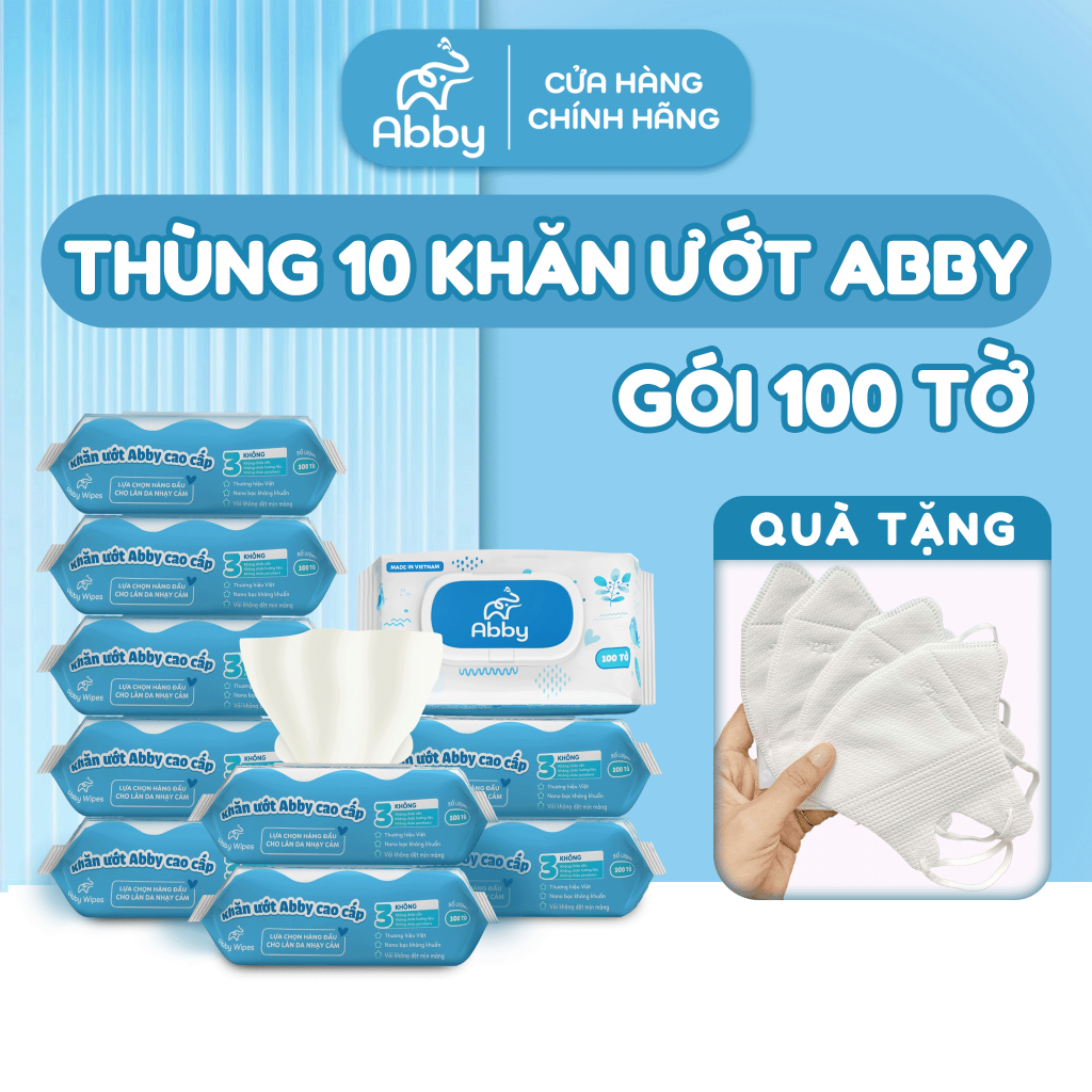 [Mall] Thùng 10 Gói 100 Tờ Khăn Ướt Abby Không Cồn Không Parabens Không Mùi An Toàn Với Mọi Làn Da