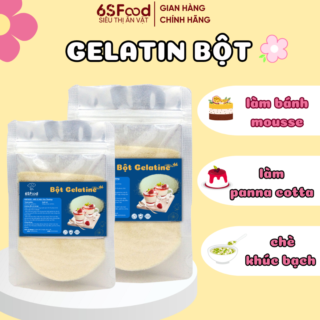 Bột gelatin làm đông tàu hũ, panna cotta,  pudding, chè khúc bạch - Gelatine 100-300gr | 6SFOOD