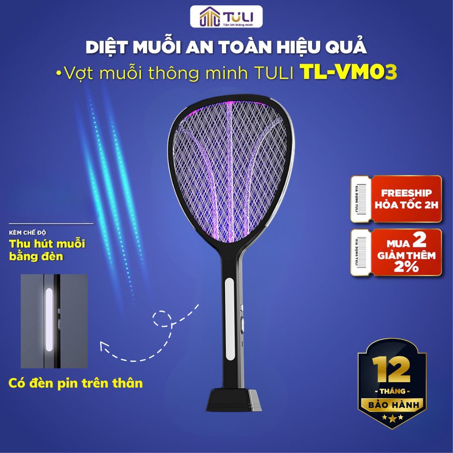 Vợt Muỗi TULI VM03, 2 in 1 Tự Động, Kiêm Đèn Bắt Muỗi, Sạc Tích Điện, Kèm Đế Đỡ, Bảo Hành 12 Tháng