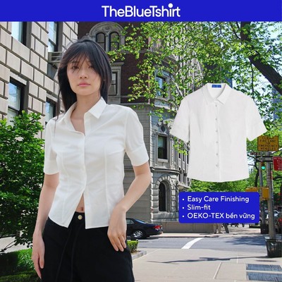 TheBlueTshirt - Áo sơ mi trắng phom ôm basic tay ngắn bảng măng sét to cho nữ - Upper Side Shirt - Women