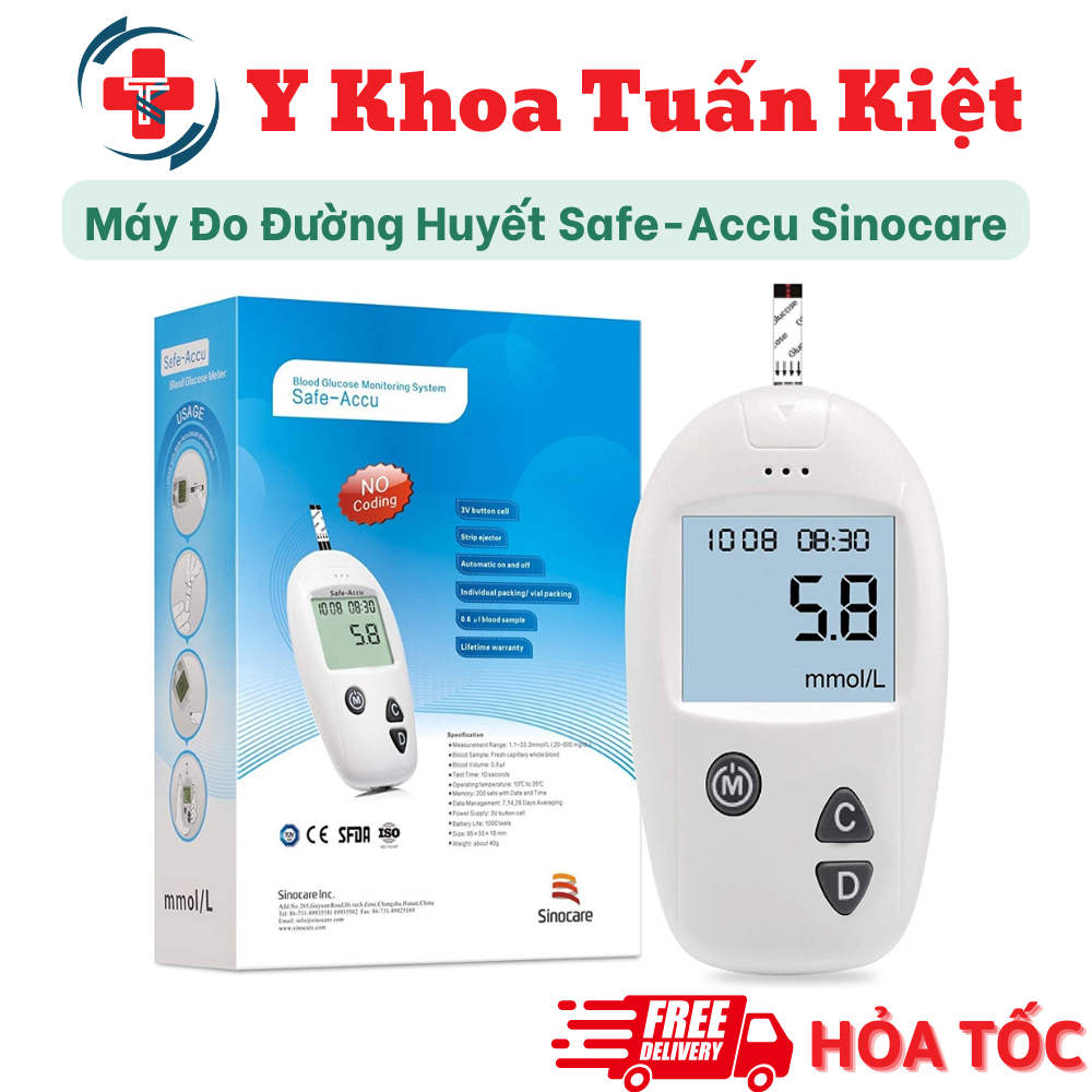 ✅ Máy Đo Đường Huyết Safe-Accu SINOCARE + Hộp 25 Que + Kim