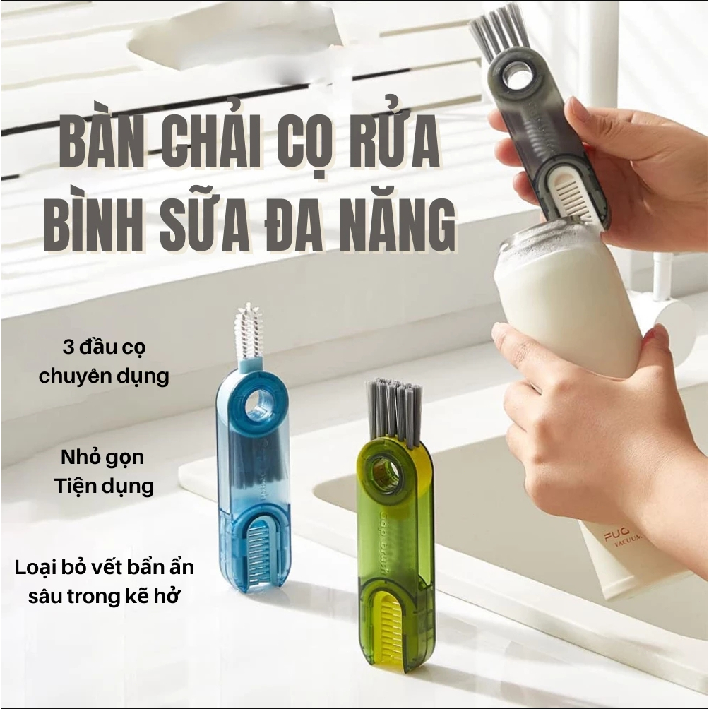 Bàn chải cọ rửa bình nước, vệ sinh ly cốc - Bộ cọ vệ sinh đa năng 3in1 tiện lợi