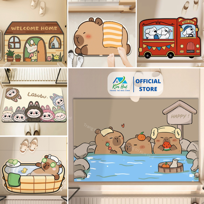 Thảm Lau Chân Trang Trí hình Labubu, Capybara, Gấu dâu hồng Thảm Chùi Chân Hoạ Tiết Nhiều Mẫu Đẹp Kim Huệ X01