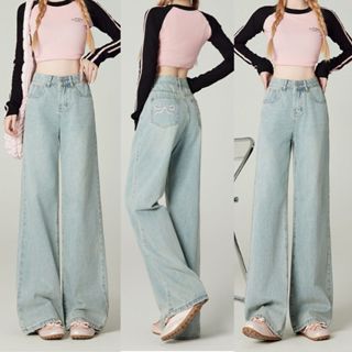 Quần Jean Kaki nữ Lưng cao MIAA Ống Suông Rộng Màu TRẮNG THÊU NƠ Cạp cao bigsize