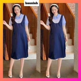  Đầm bầu công sở pha trắng kẻ - Váy bầu đi làm có cổ liền yếm lịch sự có sẵn tại shop 