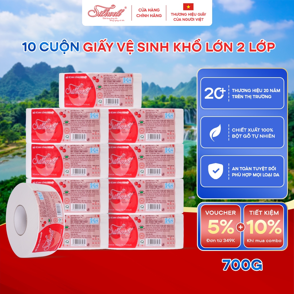 [Tiết kiệm] Combo 10 cuộn giấy vệ sinh công nghiệp khổ lớn SILKWELL 700g 2 lớp, giấy vệ sinh cuộn to