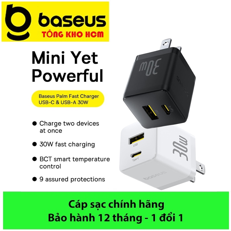 Củ sạc 30W/20W 2 cổng U+C, Củ sạc nhanh đa năng Baseus Palm Fast Charger U+C 30W/20W cho smartphone
