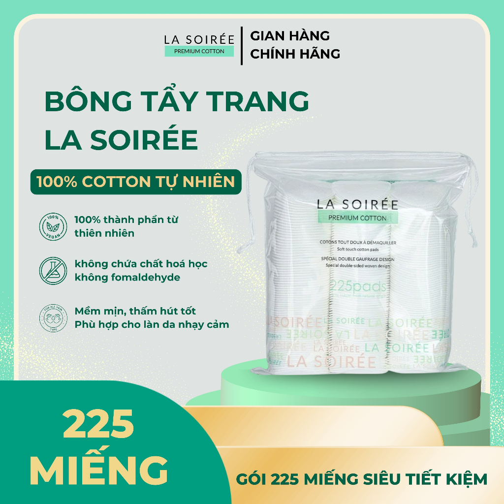 Gói 225 miếng bông tẩy trang La Soirée tròn 100% cotton phù hợp cho mọi loại da