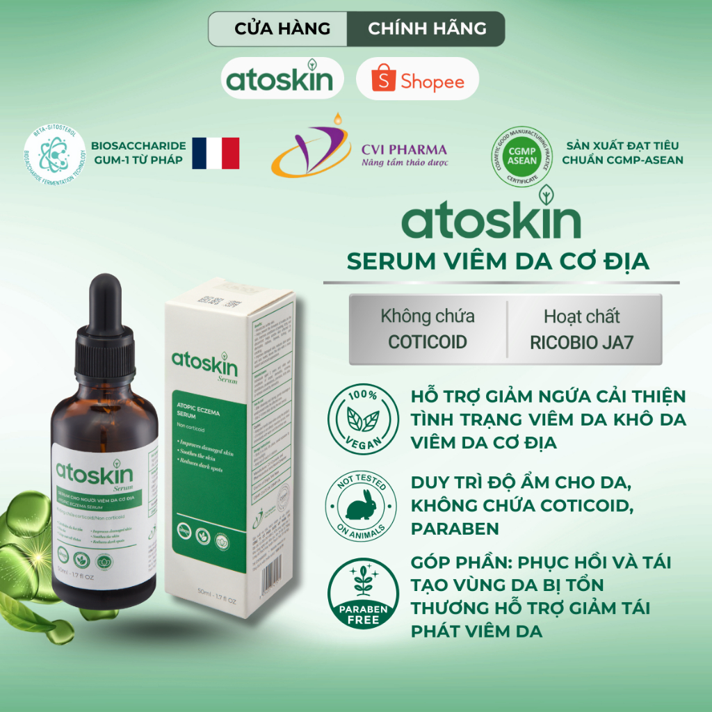 Serum Viêm Da Cơ Địa Atoskin hỗ trợ làm dịu da khi bị: viêm da, sưng đỏ, khô ngứa, nứt nẻ 50ml