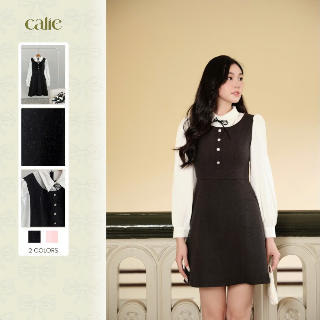 Đầm giả set dáng A phối trắng cúc dọc đính nơ, chất liệu cao cấp, đứng form thời trang nữ Calie VA44