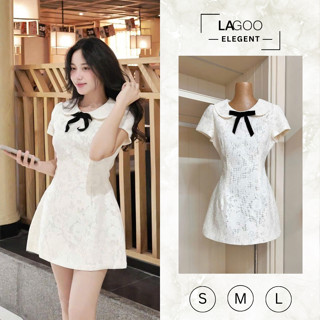 Đầm Karina Cổ Sen Phối Nơ Ren Trắng, Váy Ngắn Dáng Ôm Nhẹ Xinh Xắn Vintage Style Đi Cafe Dạo Phố Lagoo Elegent