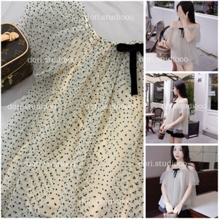 DORI STUDIO - Icy Top ( Kèm Nơ ) - Áo trễ vai ren lưới chấm bi nhung
