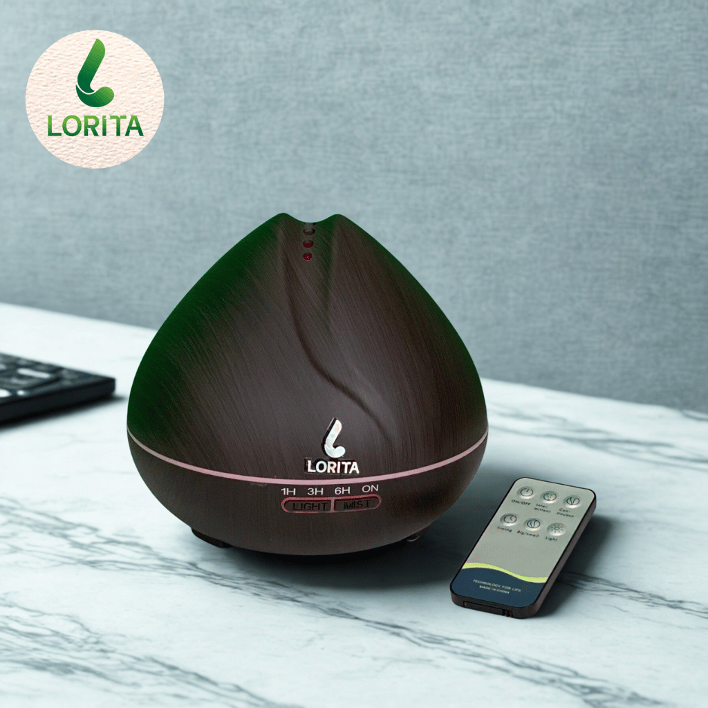 LORITA Khuếch tán tinh dầu thơm phòng tạo độ ẩm phun sương siêu mịn ĐÈN LED kèm REMOTE điều khiển từ
