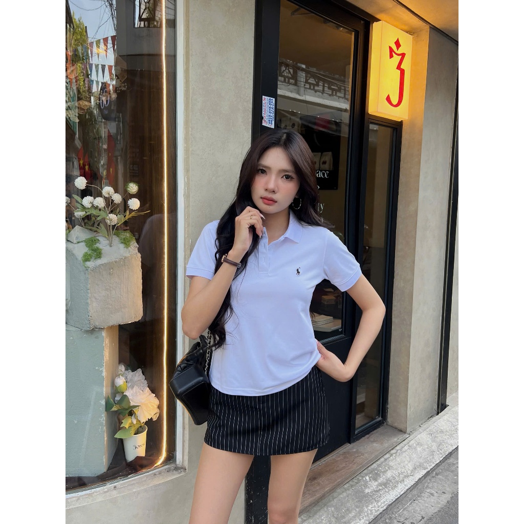 Áo polo nữ tay ngắn HHVINTAGE kiểu polo nút cài logo thun cotton co dãn ko nhăn 4 chiều Top A49 | BigBuy360 - bigbuy360.vn