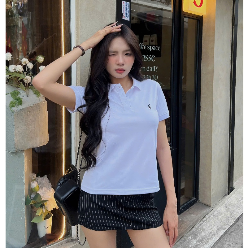 Áo polo nữ tay ngắn HHVINTAGE kiểu polo nút cài logo thun cotton co dãn ko nhăn 4 chiều Top A49 | BigBuy360 - bigbuy360.vn