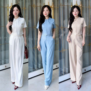 E441 LEOSWEARING set bộ nữ, áo croptop vạt bầu tay ngắn mix quần suông ống rộng