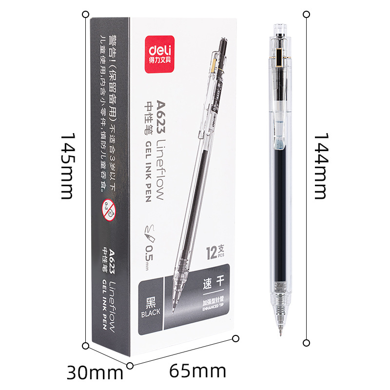 Bút Gel Bấm Deli A623 0.5mm – Bút Nhấn Thiết Kế Trong Suốt, Mực Đen Nhanh Khô, Viết Êm Trơn