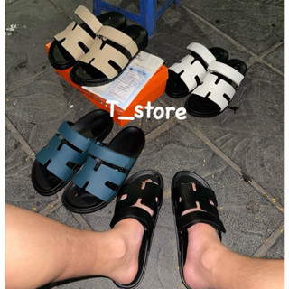 Dép HM quai dán nam - FULLBOX - dép da quai dán đen phong cách trẻ trung -Dép Lê quai ngang cao cấp chống trơn trượt