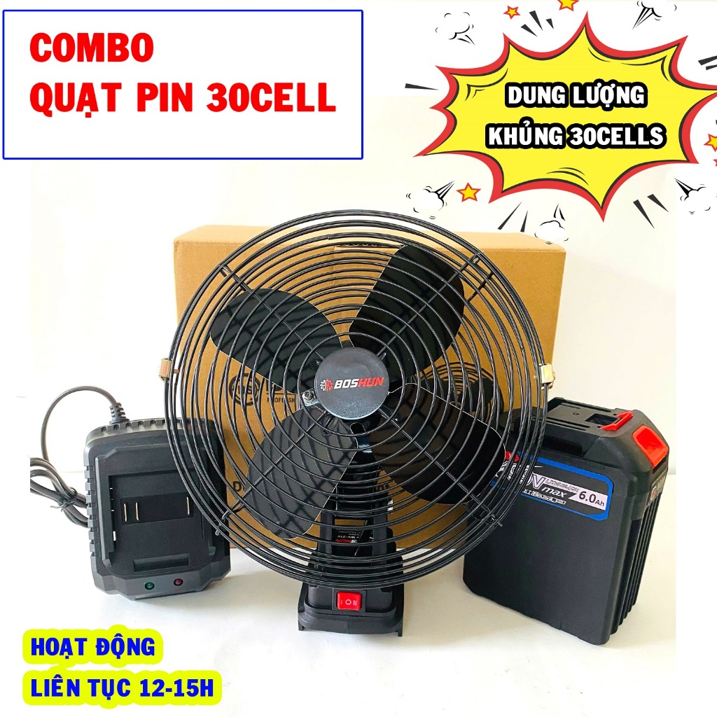 Bộ Quạt Lồng Sắt 8inch Dùng Pin Dung Lượng Khủng 30 Cells, Tặng Sạc Nhanh