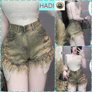 [SOKT2418] QUẦN SHORT JEANS ĐÙI NỮ LƯNG CAO RÁCH 6 MẢNG CÀO LỘ TÚI LAI TUA MÀU XANH VÀNG TÔN DÁNG CÁ TÍNH