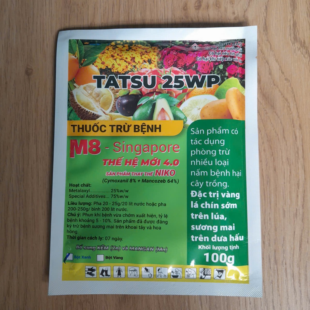 Tatsu 25WP Bột Xanh Gói 100gr, M8 - Singapore, Thành phần: Metalaxyl 250g/kg, quản lý nấm bệnh cây t