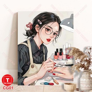 TRANH CÔ GÁI LÀM NAIL, MI, SPA, MAKEUP treo tường, tranh canvas tặng đinh treo ko cần khoan tường