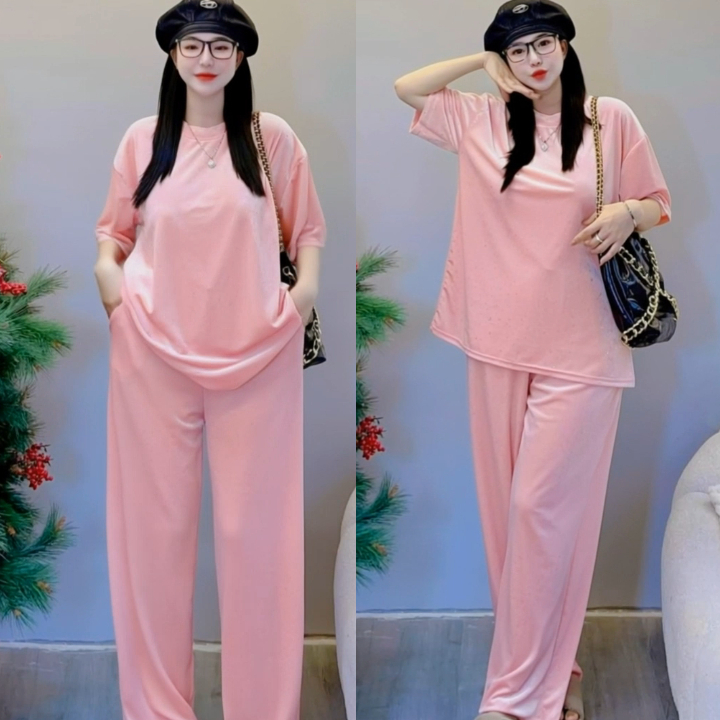 Bộ Hồng Nhung Trơn - Phom Rộng Chất Nhung Mềm Mại - Gu Khỏe Mạnh Dễ Thương Hà huế Shop