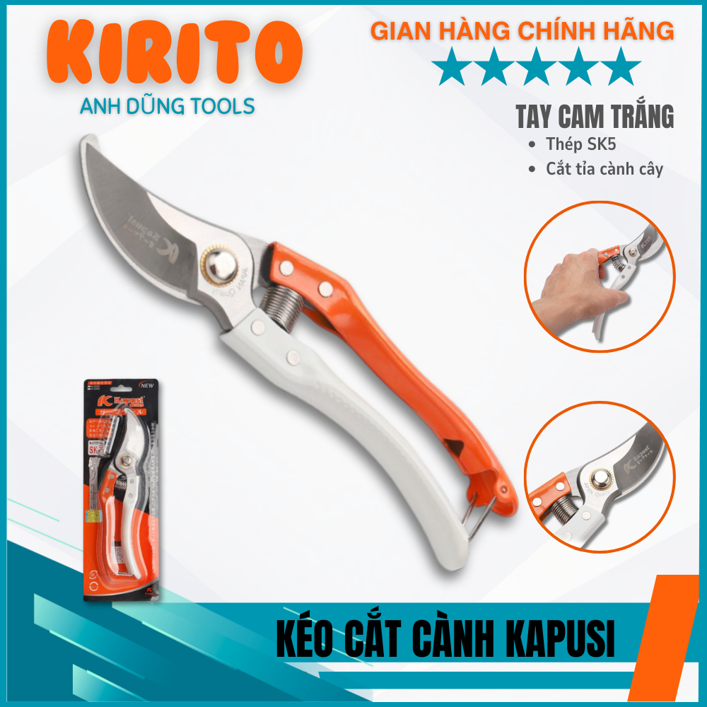 Kéo tỉa cây Nhật Bản Kapusi cao cấp tay cam trắng thép SK5, size 8 inch