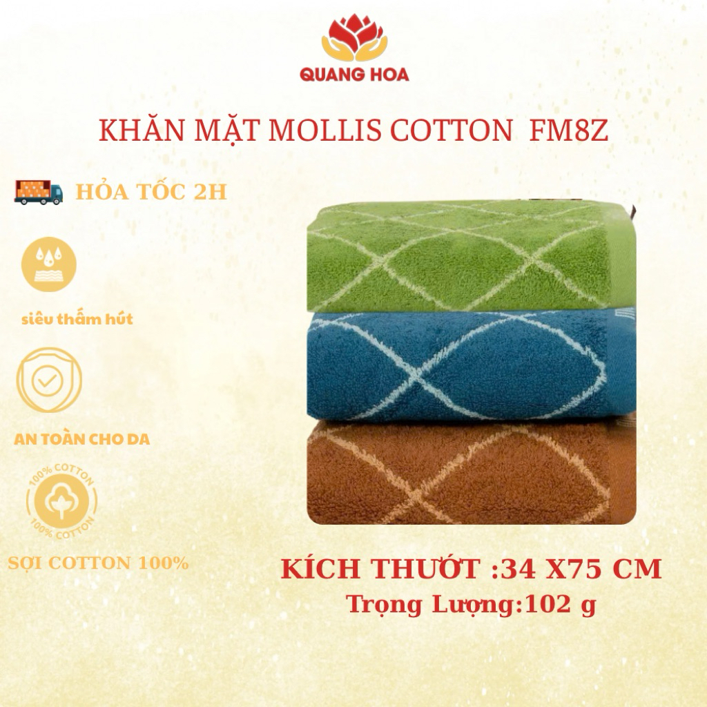 Khăn Mặt Mollis 2 FM8Z  KT 34×75 cm Cỡ Trung   Chất Liệu Cotton  cao cấp Mollis