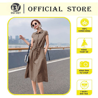 Đầm Linen nữ, Váy sơ mi rút eo tay hến 2 túi sườn thời trang trẻ phong cách Hàn Quốc