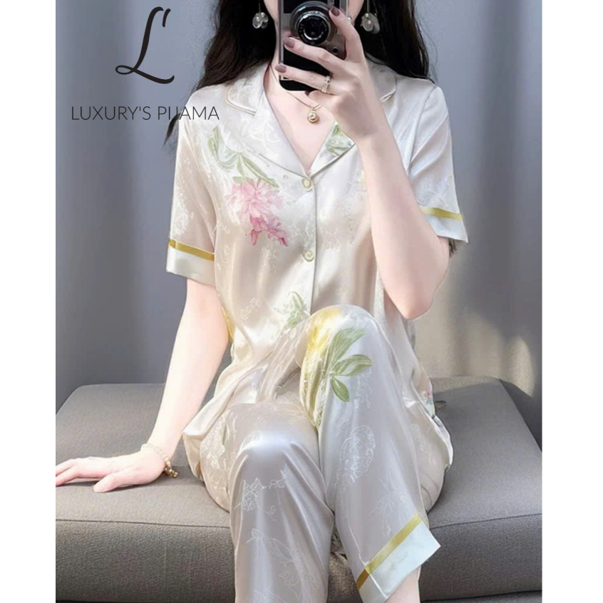 Đồ bộ LUXURY PIJAMA lụa latin cao cấp, mềm mịn sang trọng tay ngắn họa tiết hoa TN018
