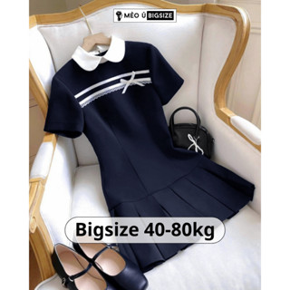 Đầm thiết kế BIGSIZE Mèo Ú váy tiểu thư phối ruy băng nơ trắng cổ sen đuôi xếp ly dáng A phong cách thanh lịch 534