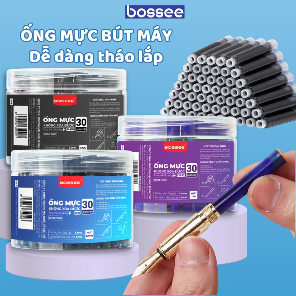 Hộp 30/50 Ống Mực Bút Máy Không Xóa Được – Mực Xanh/Đen/Tím Mực Khô Nhanh Không Lem, Bút Máy Ngòi EF