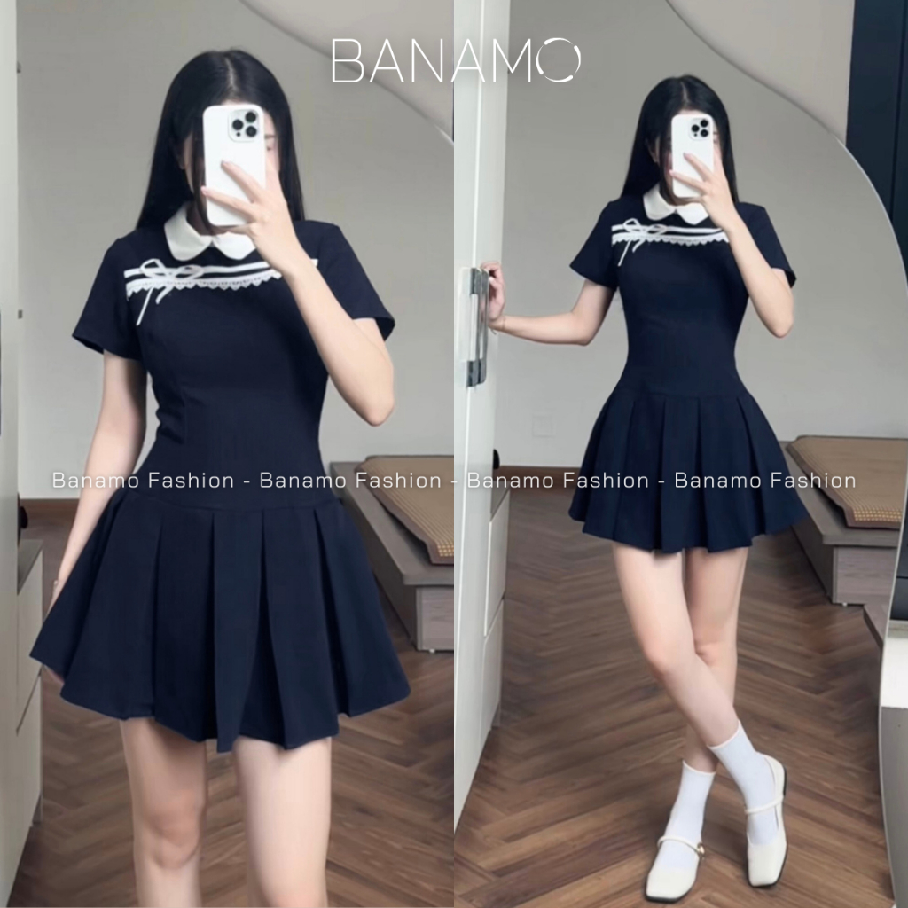 Váy nữ BIGSIZE Banamo Fashion đầm tiểu thư phối ruy băng nơ trắng cổ sen đuôi xếp ly dáng A phong cách thanh lịch 534 | BigBuy360 - bigbuy360.vn