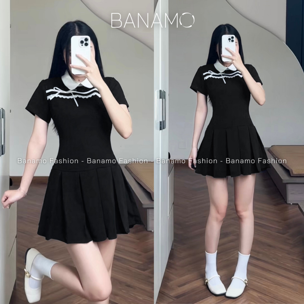 Váy nữ BIGSIZE Banamo Fashion đầm tiểu thư phối ruy băng nơ trắng cổ sen đuôi xếp ly dáng A phong cách thanh lịch 534 | BigBuy360 - bigbuy360.vn