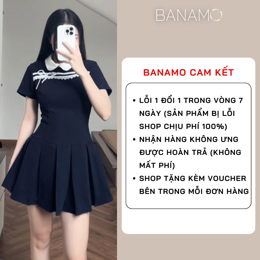 Váy nữ BIGSIZE Banamo Fashion đầm tiểu thư phối ruy băng nơ trắng cổ sen đuôi xếp ly dáng A phong cách thanh lịch 534 | BigBuy360 - bigbuy360.vn