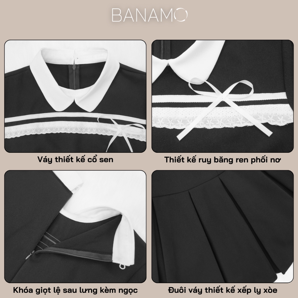 Váy nữ BIGSIZE Banamo Fashion đầm tiểu thư phối ruy băng nơ trắng cổ sen đuôi xếp ly dáng A phong cách thanh lịch 534 | BigBuy360 - bigbuy360.vn