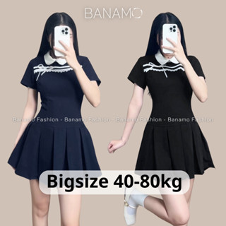 Váy nữ BIGSIZE Banamo Fashion đầm tiểu thư phối ruy băng nơ trắng cổ sen đuôi xếp ly dáng A phong cách thanh lịch 534