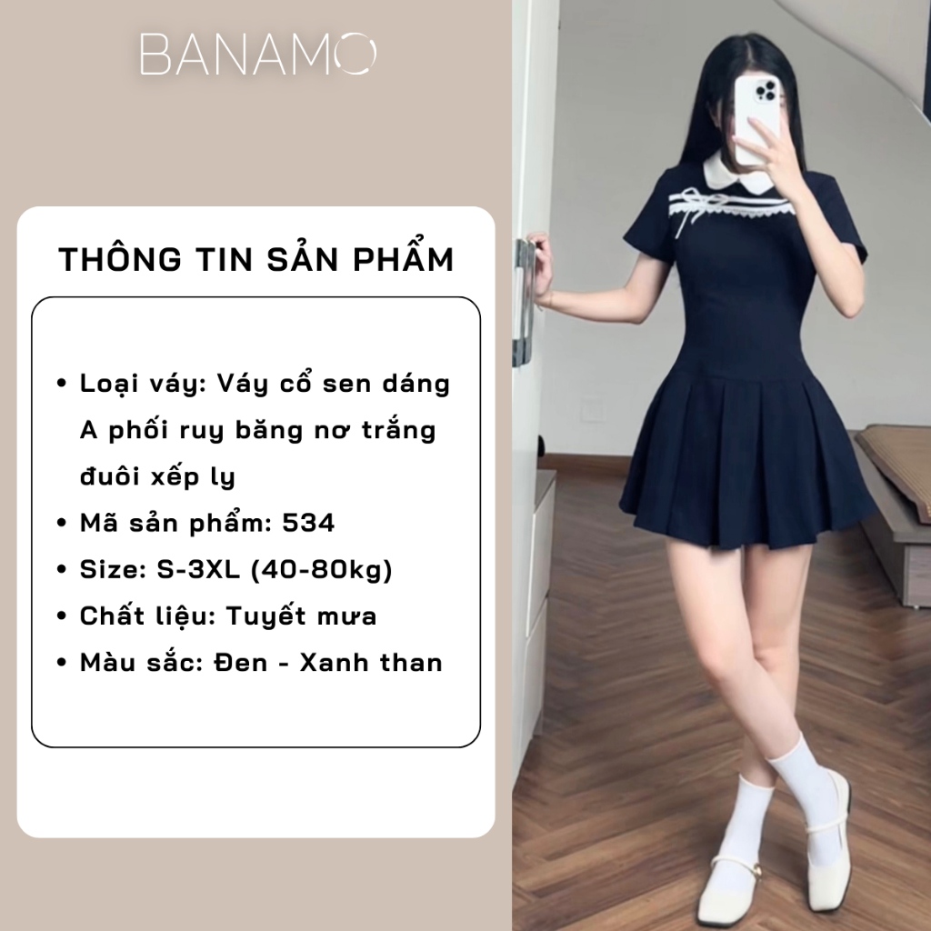 Váy nữ BIGSIZE Banamo Fashion đầm tiểu thư phối ruy băng nơ trắng cổ sen đuôi xếp ly dáng A phong cách thanh lịch 534 | BigBuy360 - bigbuy360.vn