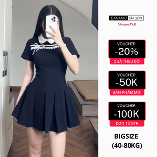 Váy nữ BIGSIZE Banamo Sài Gòn đầm tiểu thư phối ruy băng nơ trắng cổ sen đuôi xếp ly dáng A phong cách thanh lịch 534