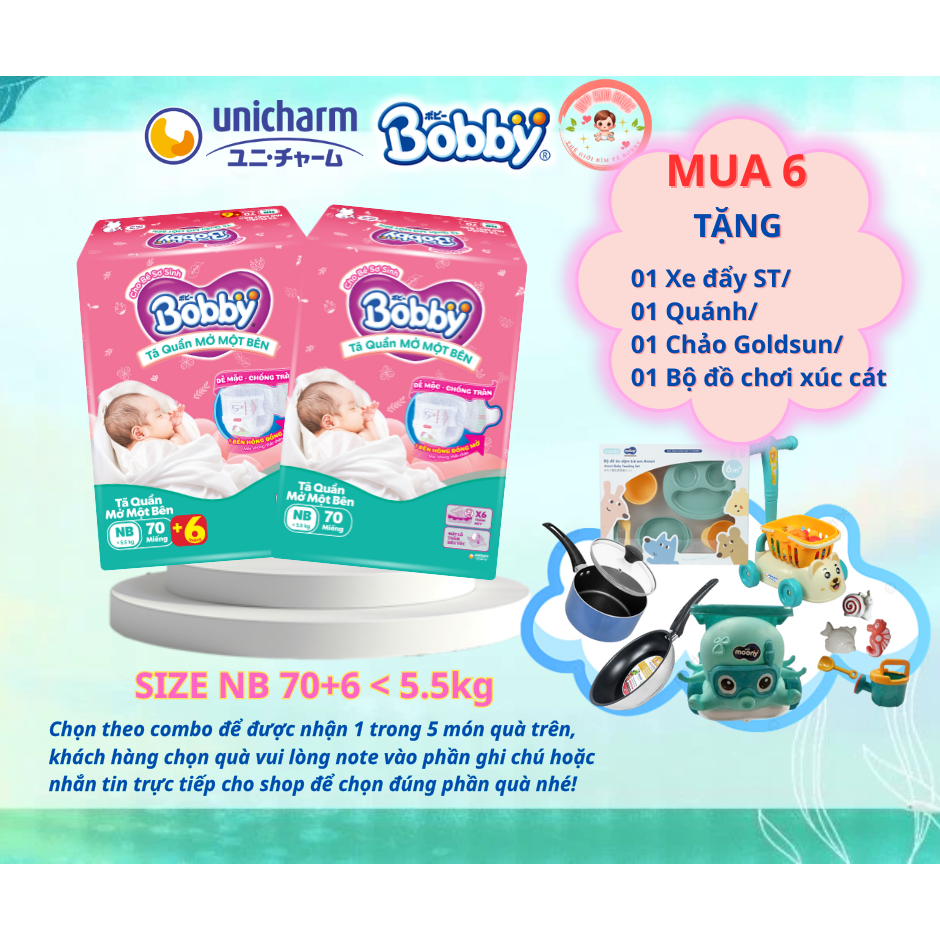 [COMBO 6 GÓI KÈM QUÀ] Tã quần mở một bên Bobby dành cho bé sơ sinh size NB70+6 - kim Ngọc