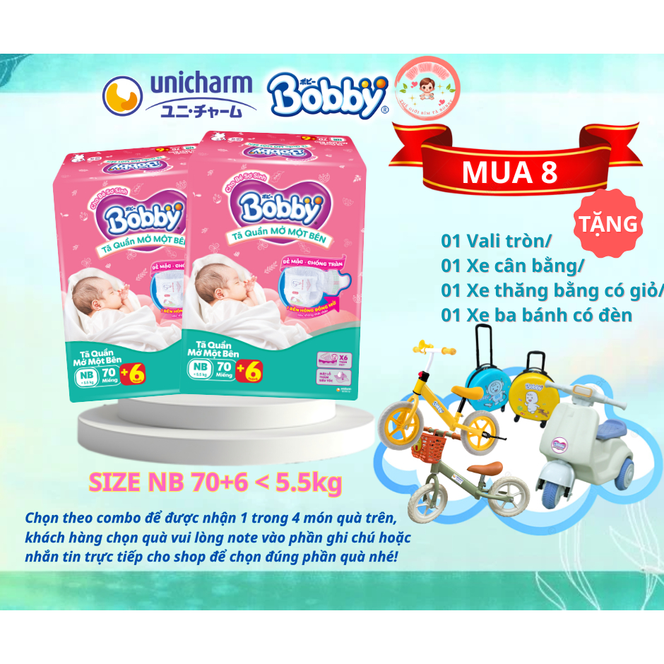 [COMBO 8 GÓI KÈM QUÀ] Tã quần mở một bên Bobby dành cho bé sơ sinh size NB70+6 - kim Ngọc