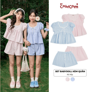 Set Đồ Ngủ Nữ CAMI Bycamcam Áo Kiểu Babydoll Caro Buộc Nơ Đi Kèm Quần Short Kẻ Cạp Chun QEN019